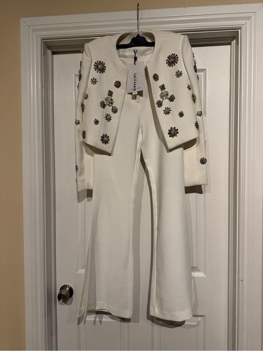 Catchall Cropped Embellished Blazer & High-Waist Wide-Leg Pants Set - White - Picture 10 of 14